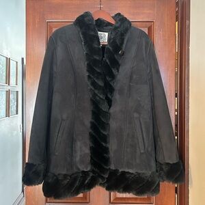 Esprit Y2K Black Faux Fur Trim Jacket Coat Size XL